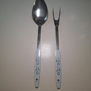 Blue Cornflower Utensils Stainless Steel Metal 1970s Serving Spoon Fork Pair